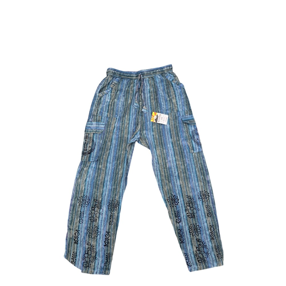 Rising International Blue Striped Boho Cargo Pants Sun Flower Embroidery XL